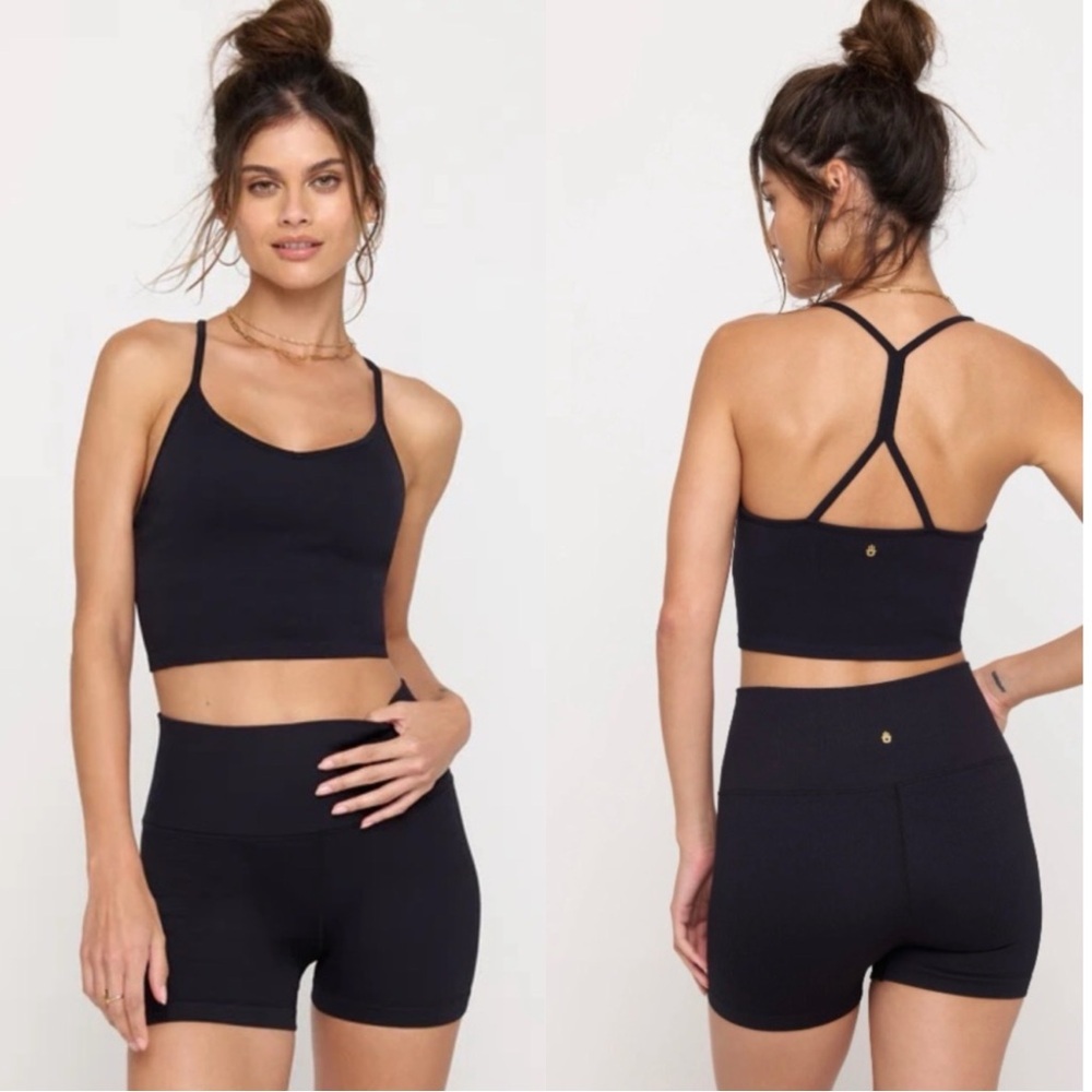 SPIRITUAL GANGSTER Thea Seamless T Strap Ribbed Black Crop Tank Top Bralette